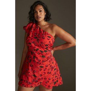 NWT Anthropologie One-Shoulder Printed Mini Dress 16 Cherry $160 Red